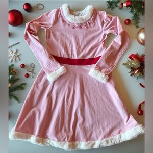 Hanna Andersson Elf Christmas Dress Pink Faux Fur Trim Girls Size 12 EUC